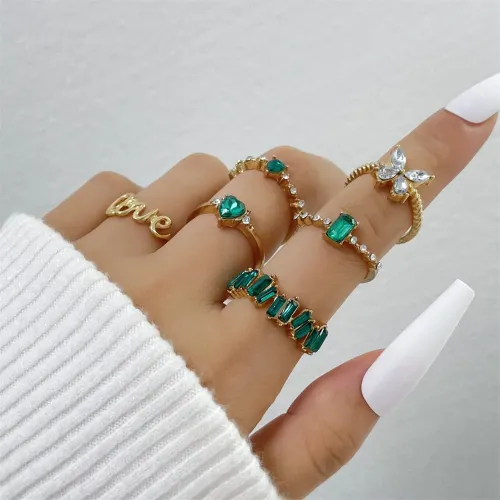 6pcs/set Glamorous Green Gemstone knuckle Ring Set